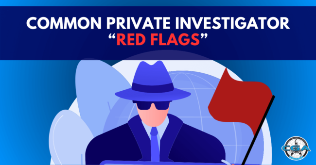 text reading "common private investigator red flags" with animated man wearing hat and sunglasses next to a red flag