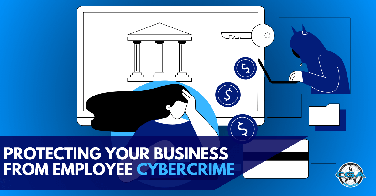 Text reading "Protecting your business from employee cybercrime" with an animated woman looking at her laptop, a hacker on his laptop, a bank symbol and dollar signs in the background