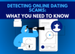 Text reading "detecting online dating scams: what you need to know." Animated man holding an unlocked padlock while peering at a phone screen via a telescope. Phone screen features a magnifying glass and a woman's picture