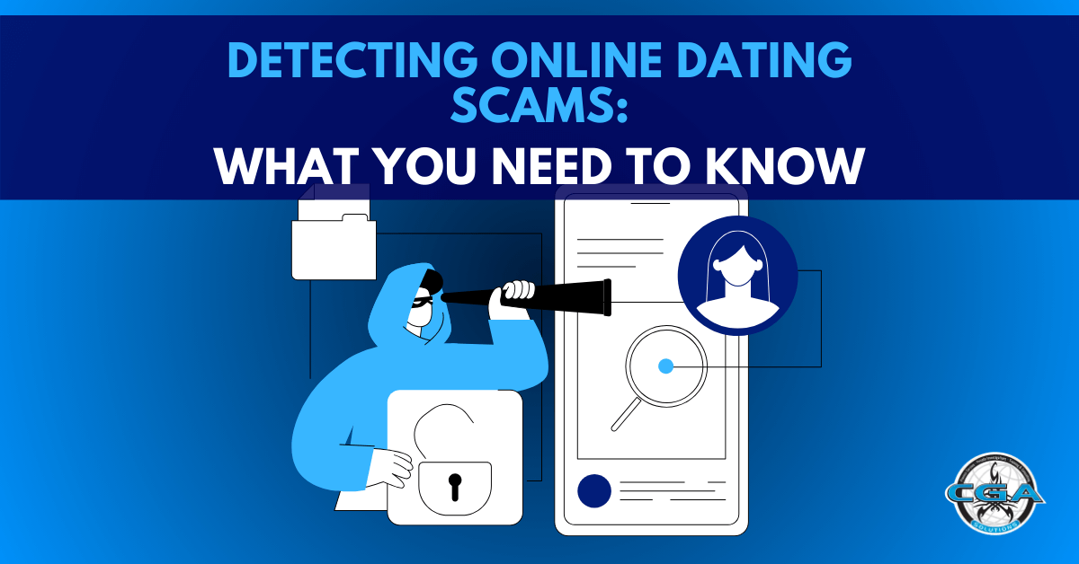 Text reading "detecting online dating scams: what you need to know." Animated man holding an unlocked padlock while peering at a phone screen via a telescope. Phone screen features a magnifying glass and a woman's picture