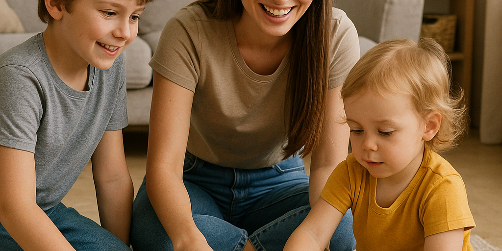 young woman playing with blocks with two childen