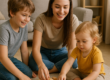 young woman playing with blocks with two childen