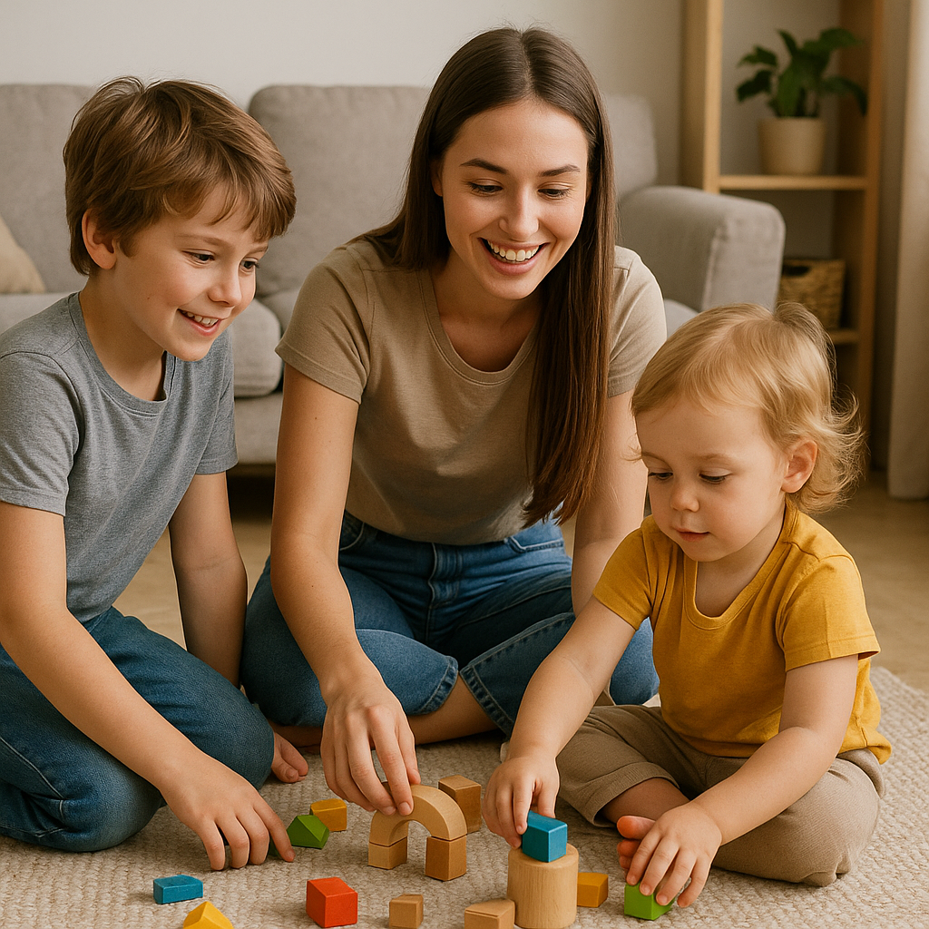 young woman playing with blocks with two childen